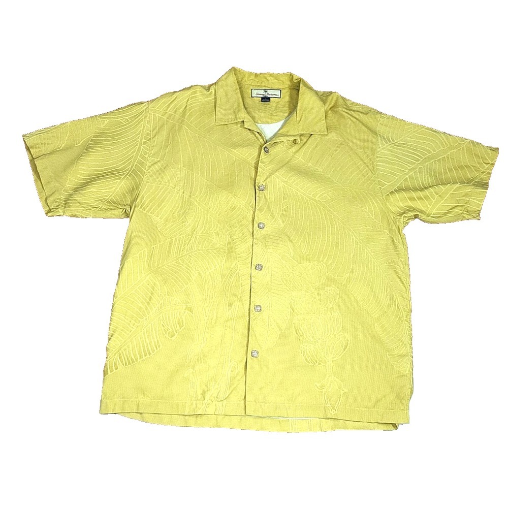 100% Silk Mens Tommy Bahama Hawaiian Shirt Mens Large Yellow Camp Floral Beach‎